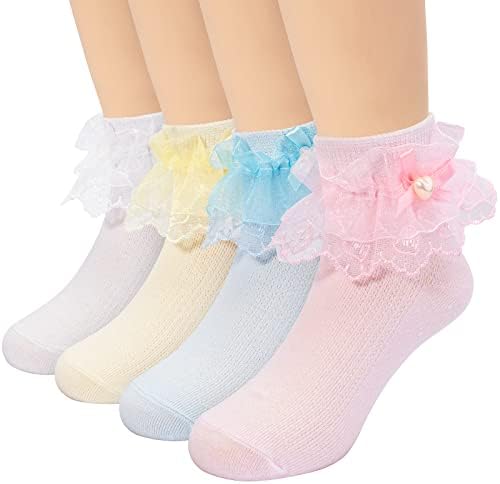 Akkilar 4/5 пакет дете бебе девојчиња чипка чизми со чаши, бисери од окулатор, треперејќи ги чорапите на принцезата со bowknot