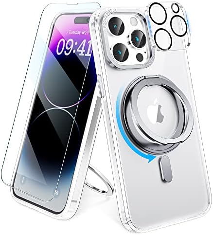 Цомсзе за Iphone 14 Pro Max Телефон Случај со 360 Ротација Магнетни Невидливи Штанд [Компатибилен Со MagSafe] Проѕирен мат iPhone