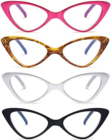 Очила за читање со 4 пакувања за жени, модни мачки очи сини светло блокирајќи ги читателите со пролетни шарки, анти-сјајни/УВ зраци