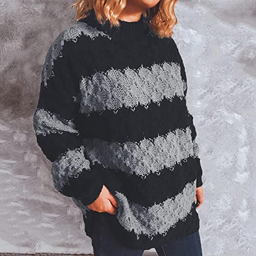 Muduh џемпери за жени зимски панел со средниот врат панел лента со долг ракав удобен лабав џемпер на пуловер