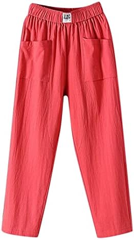 Pantsенски еластични памучни постелнини панталони со џебови со џебови лето за дишење лесни панталони за плажа, релаксирајте