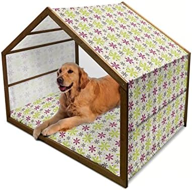 Амбесон апстрактна дрвена куќа за кучиња, ливчиња од камилица Дејзи, текстурирана шарена позадина пикник кујна пролетна слика, преносно и отворено преносно куче о?