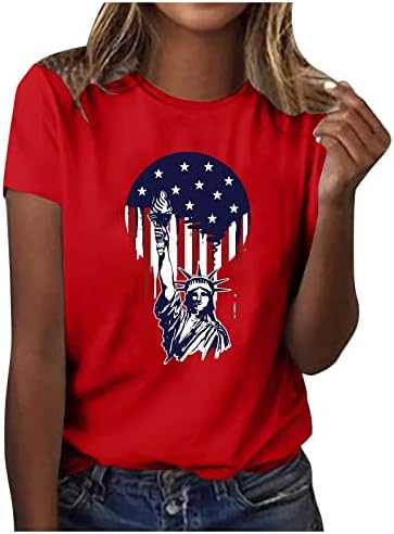 Летни маички за маици за жени со кратки ракави тркалезни влезови на вратот на 4 -ти јули starsвезди и ленти печатени патриотски