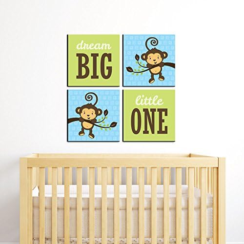Голема точка на среќа сино мајмун момче - детска соба, расадник декор и декор - 11 x 11 инчи расадник wallидна уметност - сет од 4 отпечатоци за просторијата за бебиња