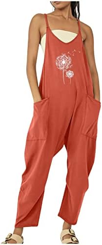 Долги ромери за жени летни глуварчиња печати комбинезони широки панталони за нозе, панталони, обични количини со џебови со џебови