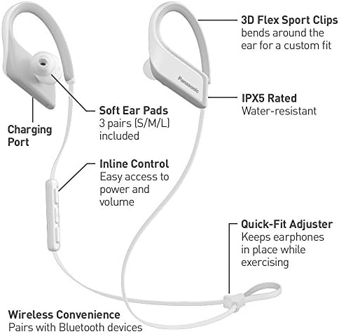 Панасонски крилја ултра лесен безжичен спортски слушалки за Bluetooth бело