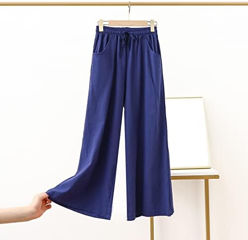 Женски памучни постелнини долги панталони Обични цврсти бои права панталони Еластични половини се протегаат широки панталони