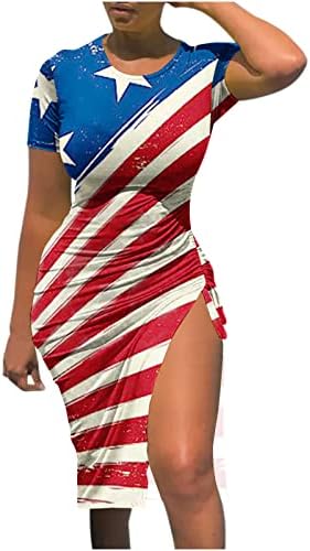 4 -ти јули фустани за жени со кратки ракави со кратки ракави на вратот Американски знаме Миди фустан секси високо разделен фустан