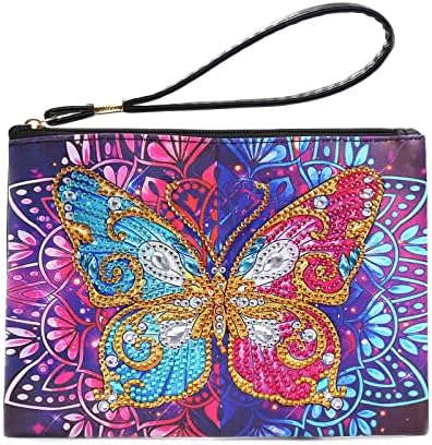 Врзана боја пеперутка дијамантска слика за спојки со спојки, 5D DIY Rhinestone Cross Cross Stitch Cross-Tody Handbag боја по