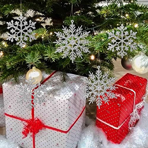 Junucubo 24 парчиња Божиќни пластични сјајни украси за снегулка, висат снежни снегулки, украси за новогодишни украси за забава
