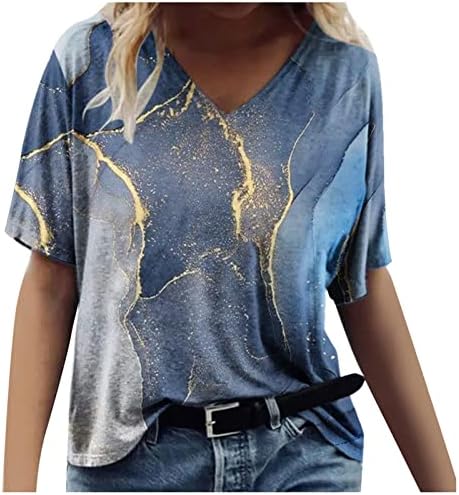 Летни маички за вратот за жени за жени лабава графичка маичка со кратки ракави, симпатична печатена маичка блуза обична тунична врвови