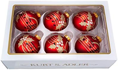 Курт Адлер 80 мм црвено со музички ноти сјајни топки 6 парчиња, Божиќ