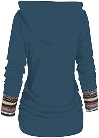 Fireero Sweatshirt за жени Ретро геометриски панел со ленти со аспиратор со долги ракави карирани територици на копчето Turtleneck