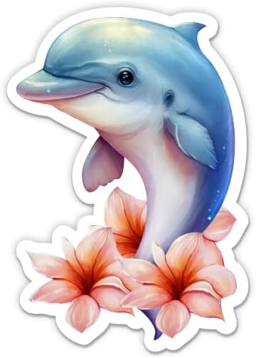Налепница за делфини - налепница за лаптоп 3 - водоотпорен винил за автомобил, телефон, шише со вода - прилично делфин со цвеќиња