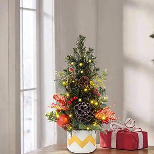 Биро новогодишно дрво со светла 20 Мала елка Мала светлина елка со светла, бор конуси, црвени бобинки, Божиќно јаболко за табела