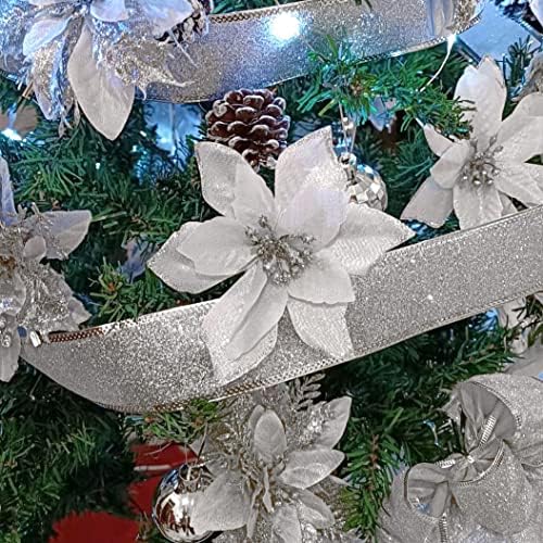 6pcs 5 инчи сјајни вештачки цвеќиња со врски со врски за свадбени Божиќни фестивали Декор за празници Божиќ