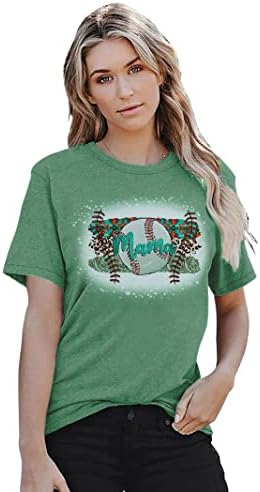 Бејзбол мама маица жени Писма печати смешни бејзбол графички маички врвови со кратки ракави обични мета
