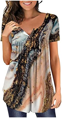 Qcemeni женски Туника врвови скријте ја кошулата на стомакот 2023 летно копче V вратот со кратки ракави маици, облечени проточни