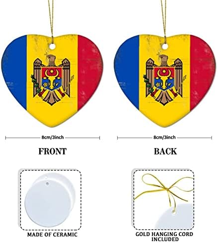 Молдова знаме керамичко срце Божиќ украс за дрво Шабиј шик Национално знаме Смешно Божиќни украси на дрво Двојно еднострано