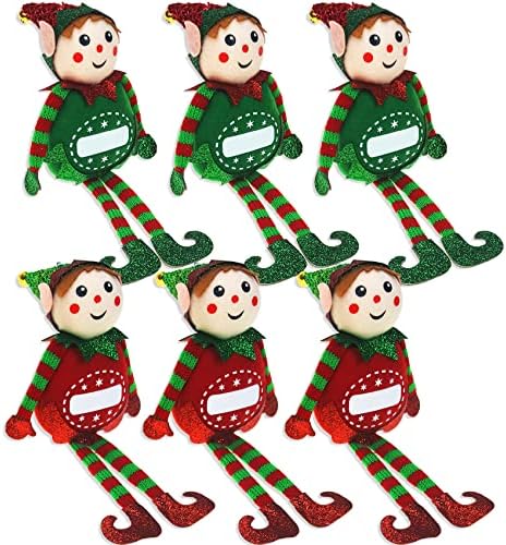 Комплет од 6, 7 ч персонализирани Божиќни елфси што висат украси, украси за елки, прилагодени за целото семејство, имиња направени од ласерска техника