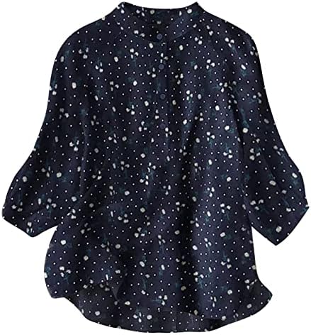 Летни врвови за жени, памучна постелнина симпатична цветна печатена ракав копче за ракави надолу кошули плус големина на фустани