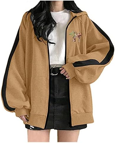 Јакна со качулка за жени патент худи дуксер јуниори тинејџерска девојка преголема обична надворешна облека лабава палто за џеб на џеб