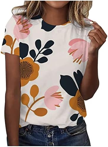 Врвови за жени 2023 летни кратки ракави Туника манжетни модни цветни печатени екипа на екипа на лабава блуза со маици