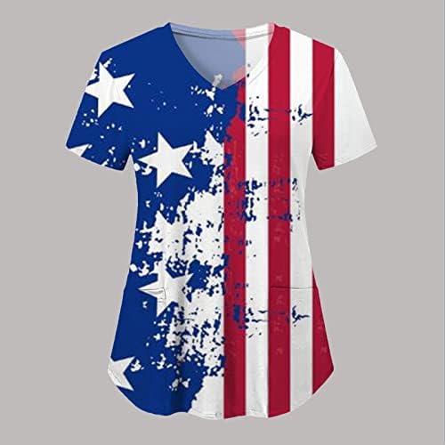4 -ти јули маици за жени Американско знаме лето кратки ракави против маица со вратот со 2 џебови смешна празнична работна облека