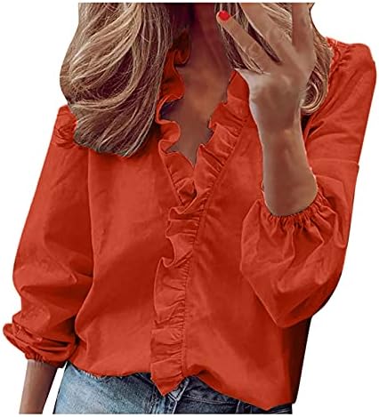 Летни врвови за жени Ruffle Trim V-врат маица со долги ракави Обични тенок Туника блуза дами цврсти плус кошули со големина
