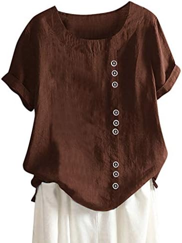 Копче за женска цврста боја со голема големина памучна постелнина горната маица кошула со кратки ракави кошули со екипаж маица
