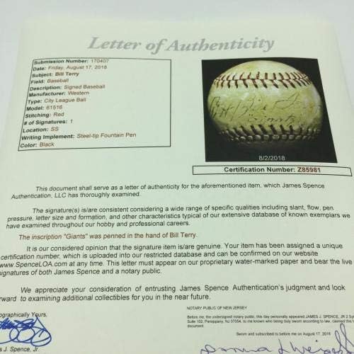 1930 -тите Бил Тери игра со денови Сингл потпишан бејзбол со JSA COA Red Sox Auto - автограмирани бејзбол