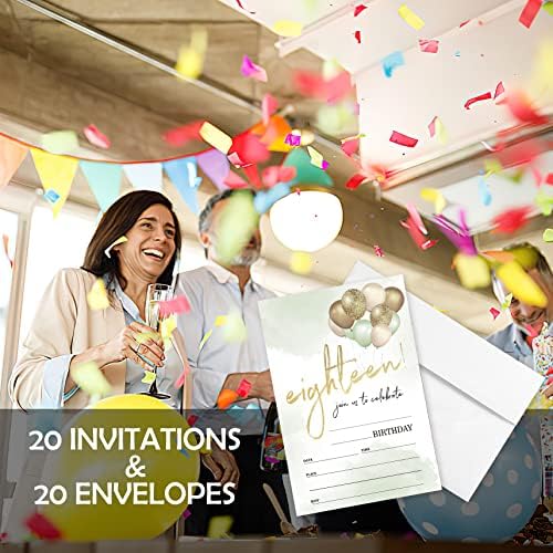 Аехи 20 сетови 18-ти осумнаесетти покани за роденденска забава со пликови, балони со зелено злато, двострана печатена печатена