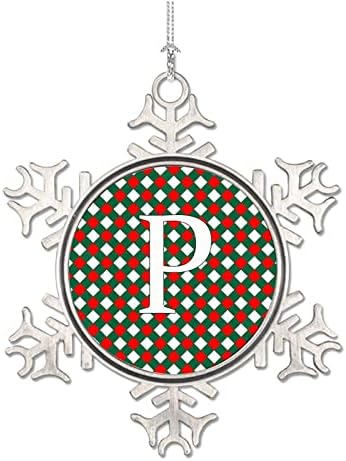 Монограм Почетна буква P Божиќни метални украси, 26 букви Божиќ Бафало карирани украси од снегулки што висат зачувување на девојчиња,
