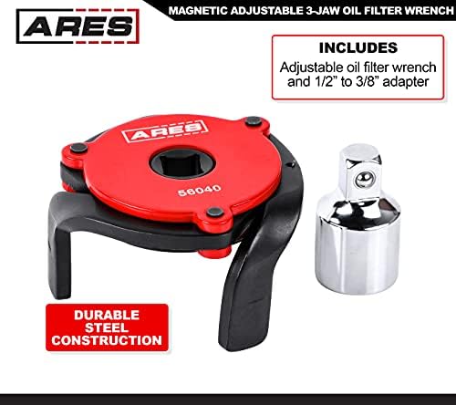 ARES 56040-Црвен прилагодлив магнетски 3-вилица за филтрирање на маслото-2 3/8-инчен до 3/8 инчен опсег-Користете со 3/8 или