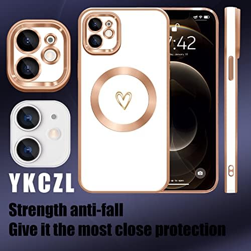 YKCZL Компатибилен Со Iphone 12 Случај Магнетни, Луксузни Позлата Симпатична Срцето Целосна Камера За Заштита На Објективот Магнетно Куќиште за iPhone 12 За Жени Девојки-Бел?