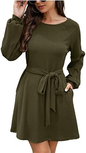 Фустан од џемпер на Нокмопо за жени есенски зимски моден темперамент плетен појас цврст фустан со долг ракав