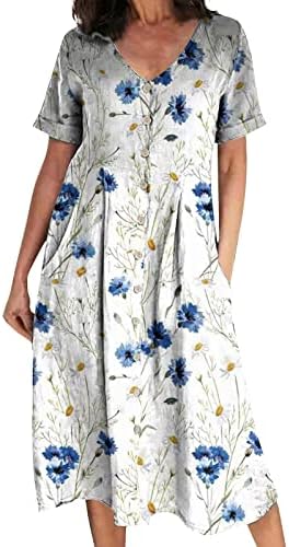 Qfvzhy женски блузи мода 2023 V-вратот со висок половината со кратки ракави со кратки ракави, памучни постелнина, печатени фустани,