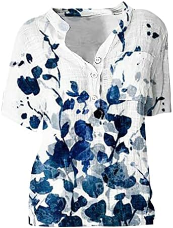 Врвови за памучни постелнини за жени со копче v вратите блузи врвови 2023 кошули со цветни печати деловни обични блузи тунични