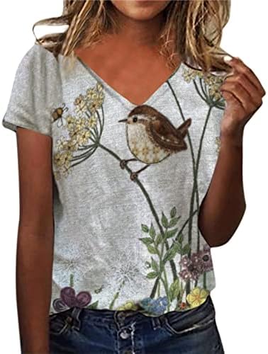 Женски врвови на туники летни женски кратки ракави против вратот цветни печатени врвни маици обични кошули од туника