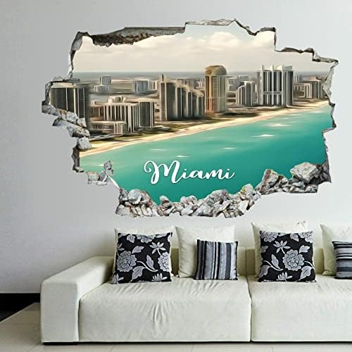 Кокочен град Мајами Сити Скајлин 3Д Скршен wallид налепници Облак Пејзаж 36 x 24 инчи Отстранлив wallиден декларација, кора
