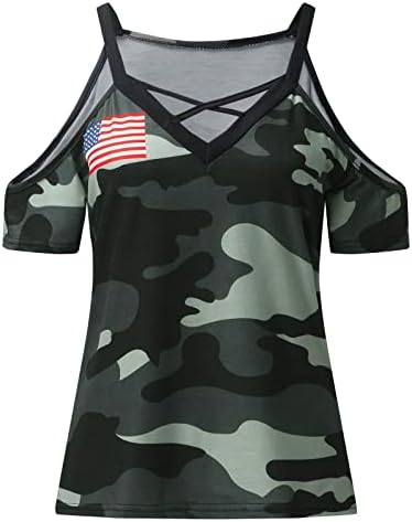 Zdfer Women v вратот од рамо печатените врвови на САД знаме starвезда лента маица 4 -ти јули патриотски маички блуза лето