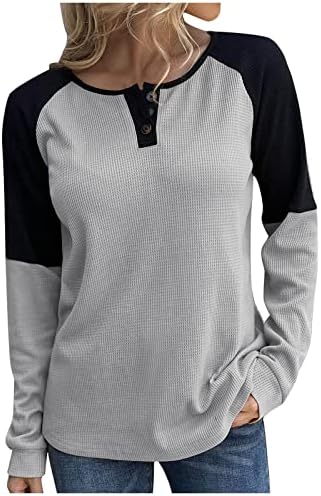 Womenените плетени кошули врвови на копчињата со тркалезно вратот, џемпер со долги ракави, плетена облека, пулверска блуза Туника