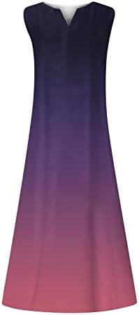 Женски обични летни фустани и модни класични V-вратот за печатење во боја без ракави со долги фустани обични фустани