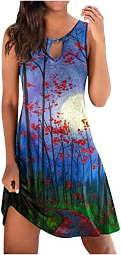 Летни бохо фустани за жени 2023 година Пеперутка печати линија за смена во линија, обичен клуч за ракави без ракави, мини резервоар