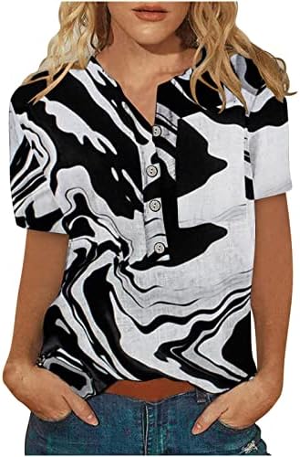 Летни врвови за жени памучни постелнини копче надолу маица случајна пријатна блуза со кратки ракави за печатење графички маици
