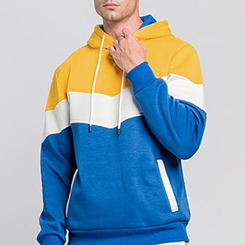 Камо лабава вклопени дуксери за мажи во боја блок спорт со качулка, џемпер со долги ракави, контраст во боја, пулвер качулка