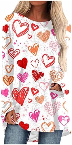 Туника за женски кошули Симпатична срцева печатена вратоврска боја со долги ракави врвови со лежерна торбичка за туника на маица