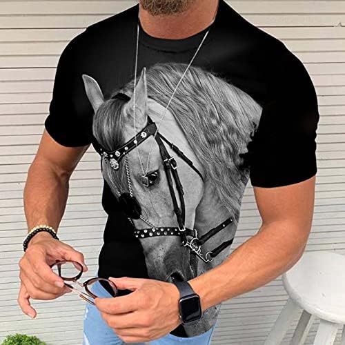 Машка маица стилски 3Д печатени коњски графички манчиња хипстер со долг ракав мускулен тркалезен врат во форма на вратот врвот