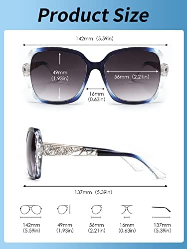 JM Бифокално читање очила за сонце, преголеми очила за читање на сонце за жени УВ заштита на отворено чисто сина боја +2,25
