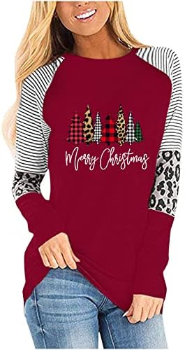 Xiaojmake женски леопард печати врвови снежен графички маица Божиќ со долг ракав, обична лабава боја блок Туника, џемпер за